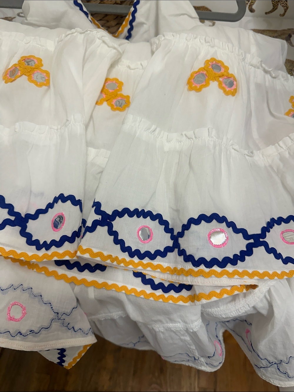 Juliet Dunn White Halter Mini Dress with Yellow & Navy rik rak & mirror detail - - Picture 5 of 6